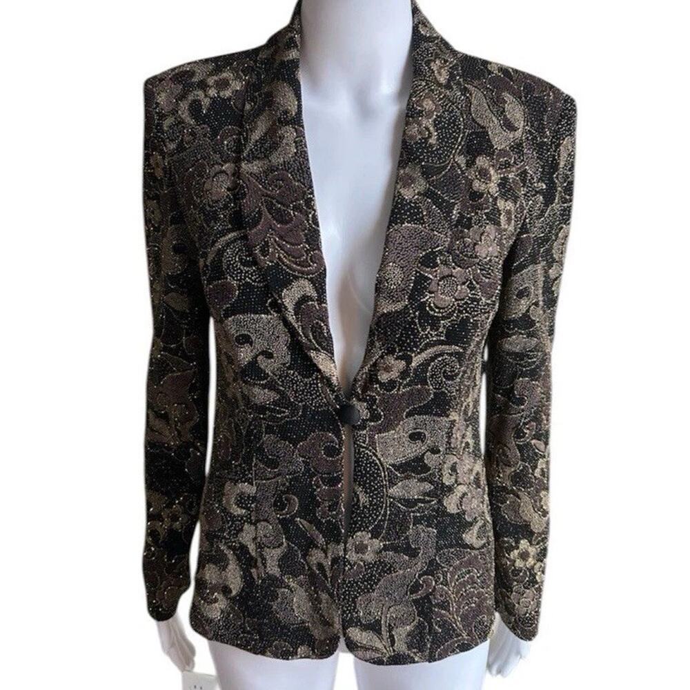 Alex Evenings Blazer Womens Small Black Gold Shimmer Floral Evening Jacket